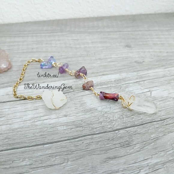 Amethyst & Quartz Crystal Beaded Dowsing Pendulum, Butterfly Purple 7.5" - Picture 3 of 5